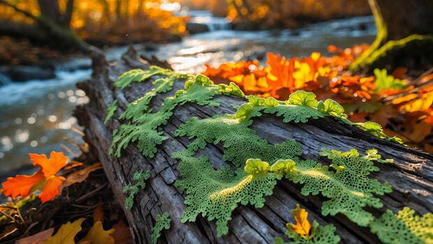 Fallen Tree Trunk Covered in Green Lichen Near Flowing Stream photo