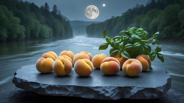 Peaches and Basil Arrangement on Stone Slab with Moonlit River photo