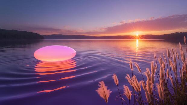 Floating Light on Calm Lake at Colorful Sunset with Grass photo