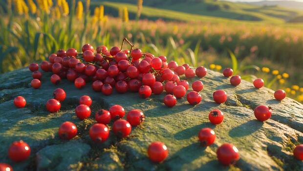 Viburnum Berries on Stone Table with Field of Flowers Backdrop photo