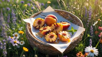 Grilled Peach Halves in Wicker Basket Surrounded by Colorful Wildflowers photo