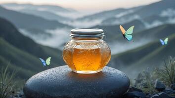 Jar of Honey on Stone with Butterflies in Mountain Landscape photo