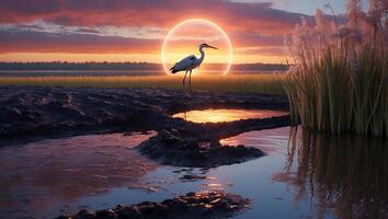 Heron Standing in Wetland During Colorful Scenic Sunset Glow photo