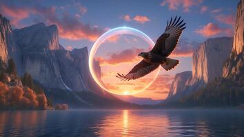 Eagle Soaring Over Tranquil Lake at Sunset with Mountain Backdrop photo
