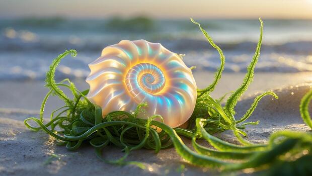 Nautilus Shell on Sandy Beach with Seaweed and Ocean Waves photo