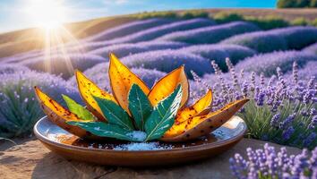 Baked Sweet Potato with Herbs on Lavender Field Background photo