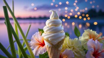 Ice Cream Cone with Flowers by Lakeside at Sunset Landscape photo