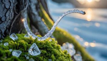 Melting Ice Formation on Moss with Sunlight and Winter Landscape photo
