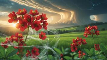 Red Flower Field Under Dramatic Sky with Approaching Storm Clouds photo