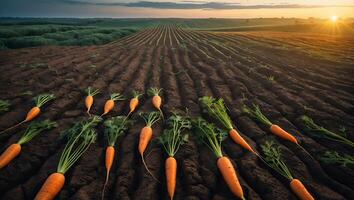 Carrot Harvest on Field at Sunset with Dramatic Sunlight Rays photo