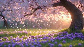 Blossom Tree Flowers Bloom with Petals Falling on Meadow photo