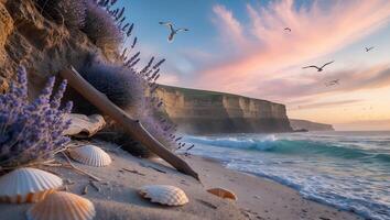 Seaside Serenity with Lavender and Shells at Coastal Sunset photo