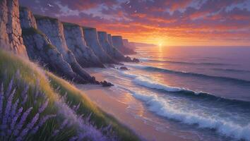 Ocean Waves Washing on Shore at Sunset with Cliffs and Flowers photo