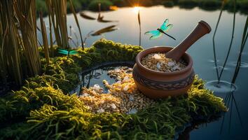 Floating Moss Island with Bowl of Seeds and Dragonflies at Sunset photo