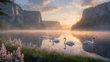 Swans Swim on Misty Lake at Sunrise with Mountain Backdrop photo