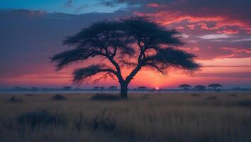Lone Tree Silhouette on Savannah at Vibrant Sunset with Colorful Sky photo