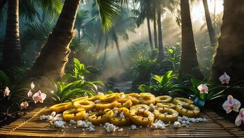 Serving Grilled Pineapple Rings in Tropical Jungle Setting with Flowers photo
