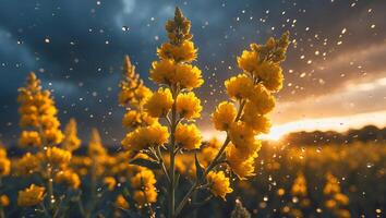 Yellow Wildflower Field Glowing at Sunset with Rain and Dramatic Sky photo