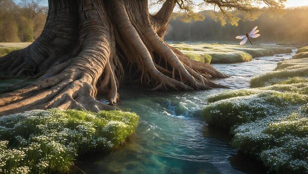 Flowing River with Ancient Tree Roots and Dragonfly in Nature photo