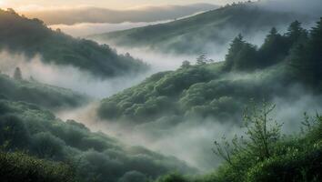 Foggy Hills and Lush Green Forest Landscape Creates Mysterious Atmosphere photo
