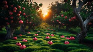 Pomegranate Orchard at Sunset with Fruit Scattered on Mossy Ground photo