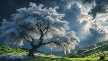 White Tree Stands in Rolling Hills with Dramatic Cloudy Sky photo