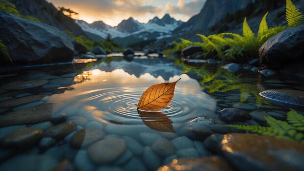 Leaf Floating in Mountain Stream Creates Ripples Reflecting Evening Light photo