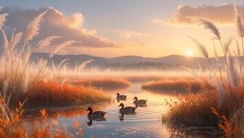 Ducks Swimming on River at Sunset Surrounded by Orange Grasses photo