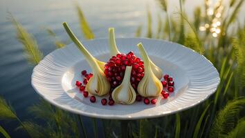 Garlic and Pomegranate on Plate Near Water with Green Grass photo