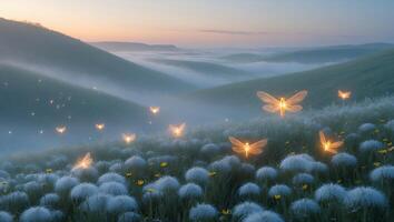 Glowing Insect Flying Over Misty Green Field at Sunset Time photo