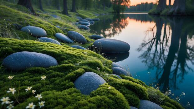 River Rocks and Mossy Shoreline Reflecting Calm Lake with Trees photo
