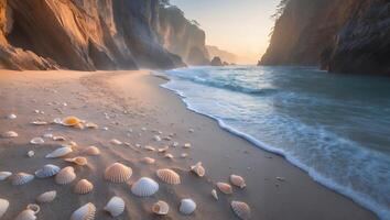 Tranquil Beach Scene with Seashells and Gentle Waves at Sunset photo