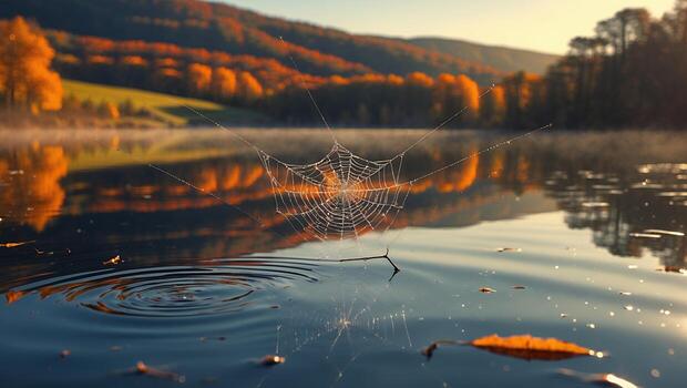 Spiderweb Over Calm Lake Water Reflecting Autumnal Trees and Sky photo