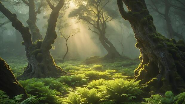Walking Through Foggy Forest with Sunlight and Lush Green Ferns photo