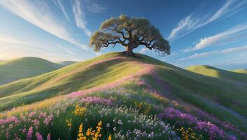 Scenic Green Hills with Spring Wildflowers and Lonely Tree Landscape photo