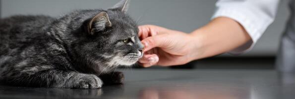 Vet Comforting Nervous Cat With a Treat on a Metal Table During a Check-Up in a Clinic photo
