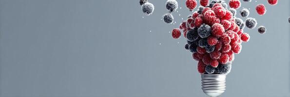 Visual Metaphor Showing a Light Bulb Filled With Berries Representing Innovation and Creativity Against a Minimalist Background photo
