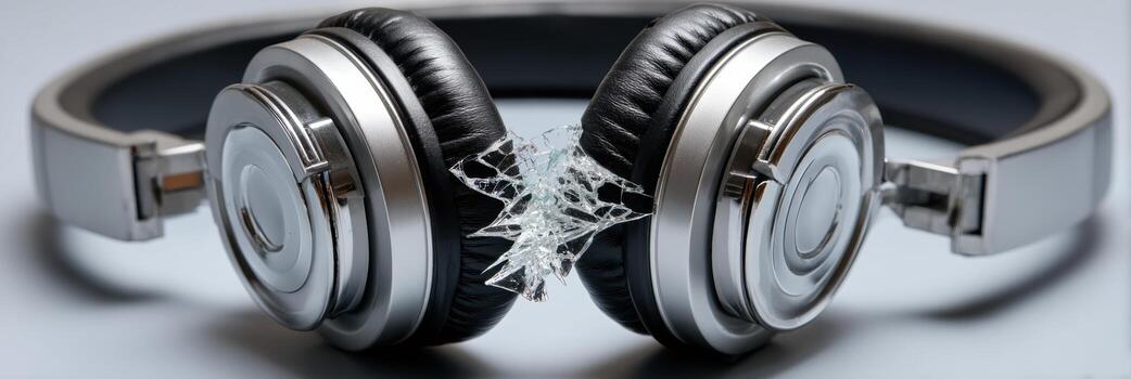Symbol of Information Overload Represented by Broken Headset With Clear Space to Emphasize Disconnection and Chaos in Modern Life photo