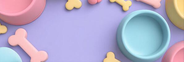 Mockup Banner Design Featuring Pastel Pet Bowls and Bone Shapes on a Purple Background Ideal for Pet Brand Marketing photo