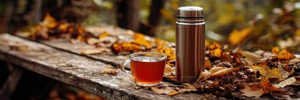Enjoying Herbal Tea With Honey on a Forest Bench Surrounded by Autumn Leaves on a Crisp Day photo