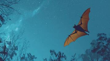 Fruit Bat Gliding Through Moonlit Sky With Wings Spread Wide Against a Starry Backdrop in Lower Space photo