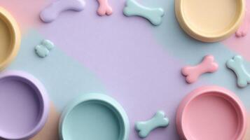 Mockup Banner Design Featuring Pastel Bowls and Bone Shapes in Playful Arrangement for Pet Brand Showcasing Vibrant Colors photo
