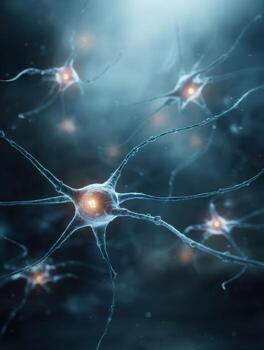 Floating Glowing Neurons Create a Mesmerizing Atmosphere in a Foggy Abstract Background photo