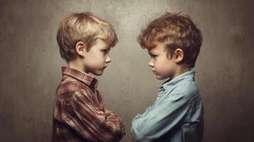 Conflict and Bullying Comparison Among Two Young Boys Facing Each Other in a Serious Confrontation photo
