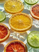 Bright Citrus Slices Create a Vibrant Display on a Glass Table Reflecting Light in an Inviting Atmosphere photo