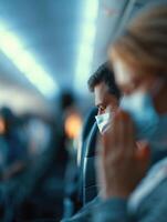 Passenger Coughing While Wearing a Mask on an Airplane During a Flight With Blurred Background photo