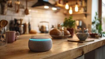 Smart Voice Assistant Providing Information in a Bright Kitchen While Family Prepares for Breakfast and Enjoys Quality Time Together photo