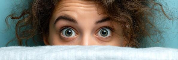 Struggling With Insomnia, a Person Shows Eyes Twitching Against a Soft Blue Background in the Early Morning Light photo