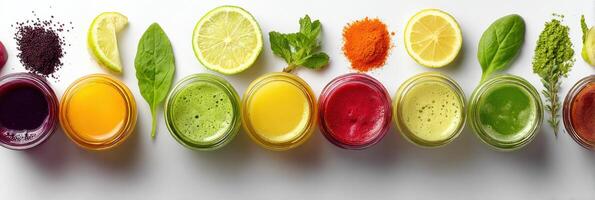 Organic Juice Ingredients Arranged With Vibrant Colors and Fresh Produce on Clear Surface During Daytime photo