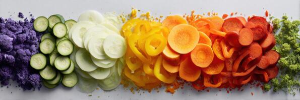 Colorful Display of Sliced Vegetables Arranged by Hue in a Modern Infographic-Style Layout, Showcasing Freshness and Variety photo